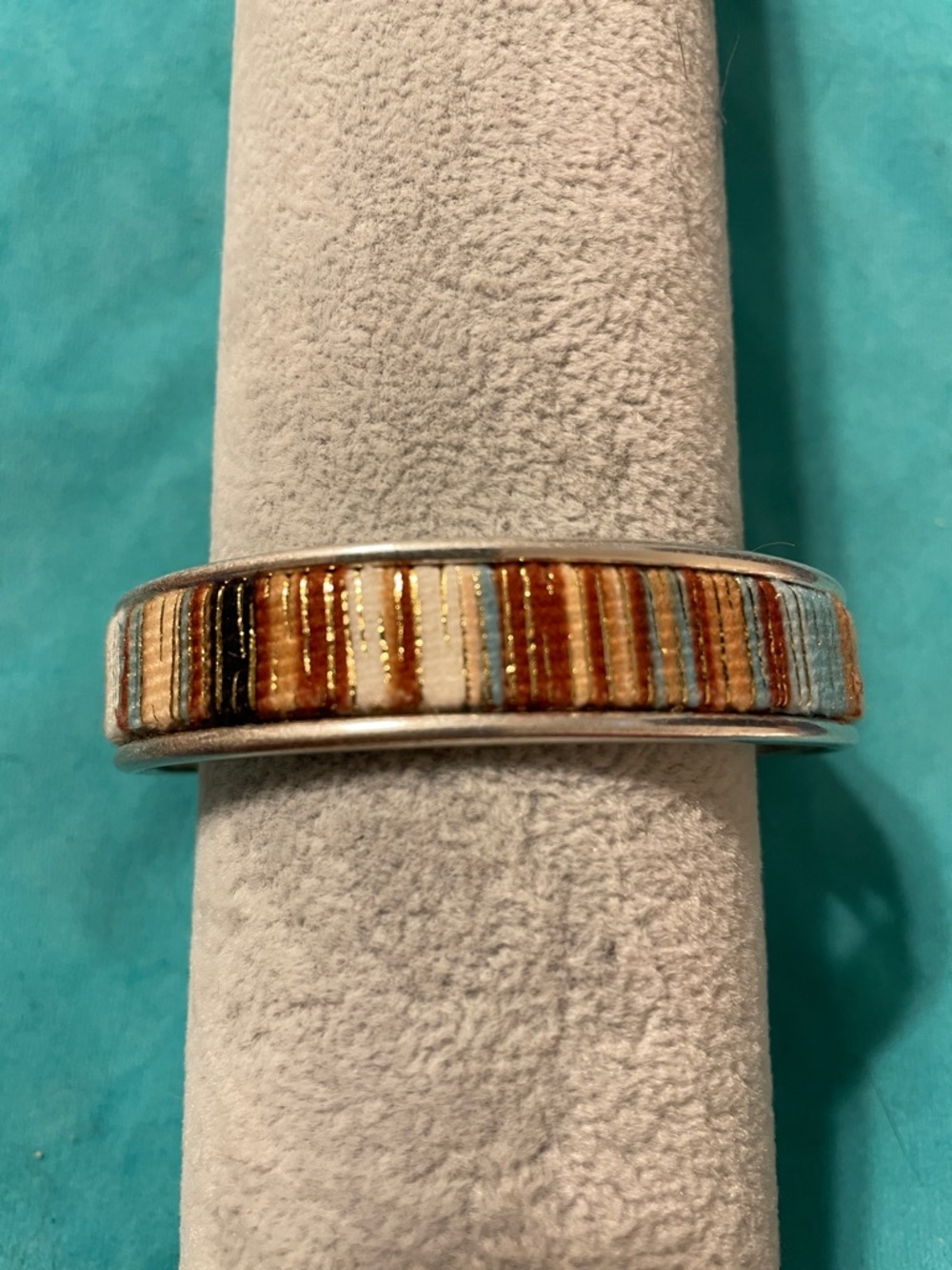 Plunder-Striped Multicolor Women's Cuff  - Silver Band w/ Brown and Blue Accents